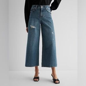 High Waisted Medium Wash Ripped Wide Leg Ankle Jeans